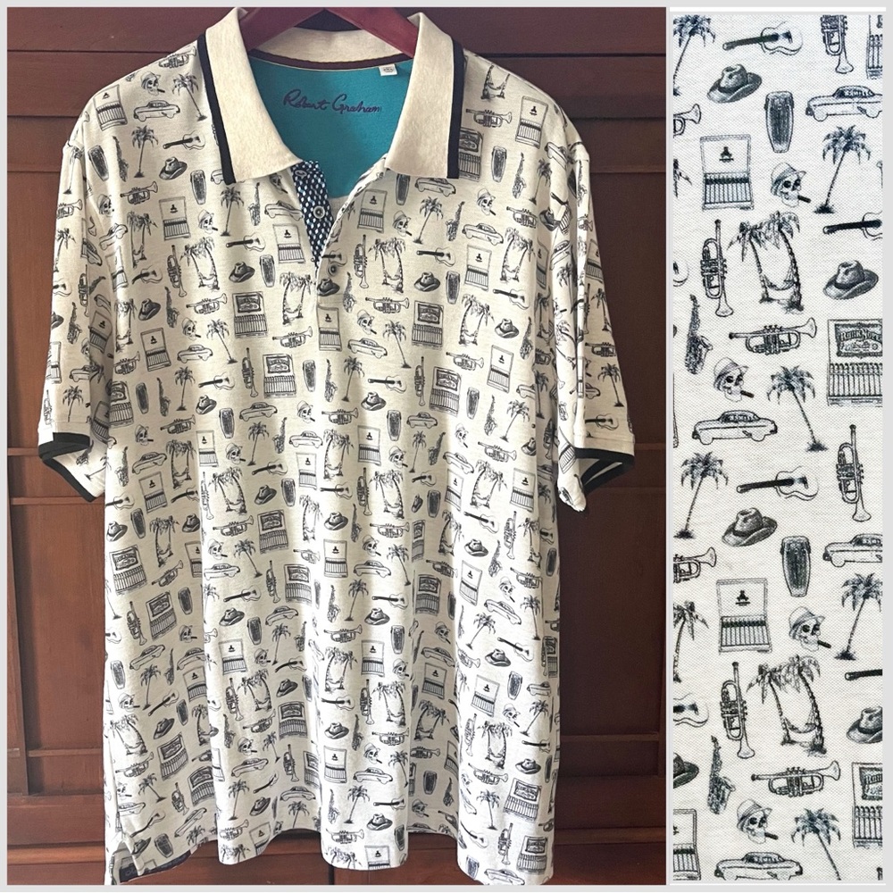 Robert Graham Cuban Theme Jazz Cars Cigars Short Sleeve Polo Shirt 2XL